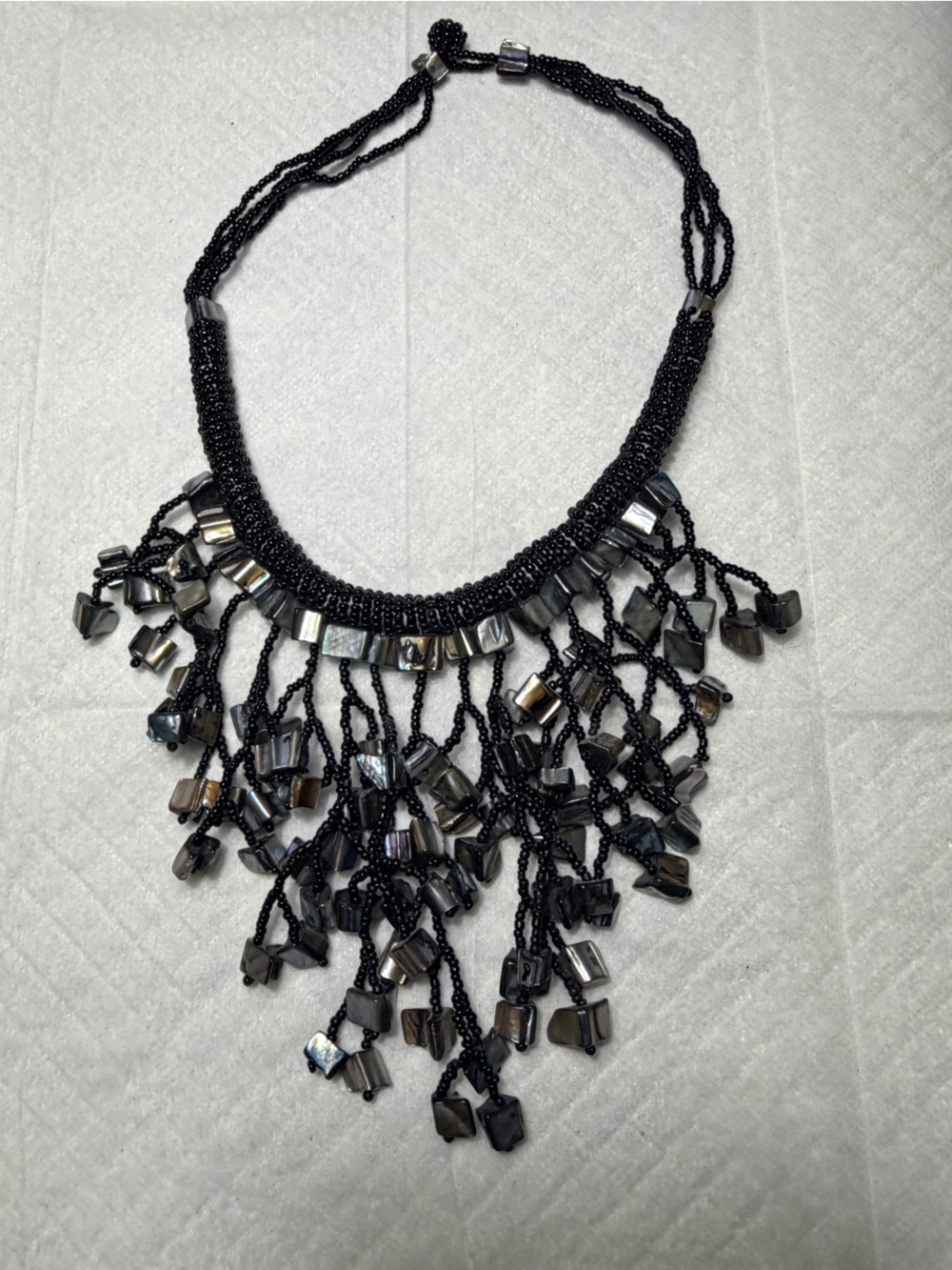 Source Unknown Black Abalone Beaded Fringe Necklace choker